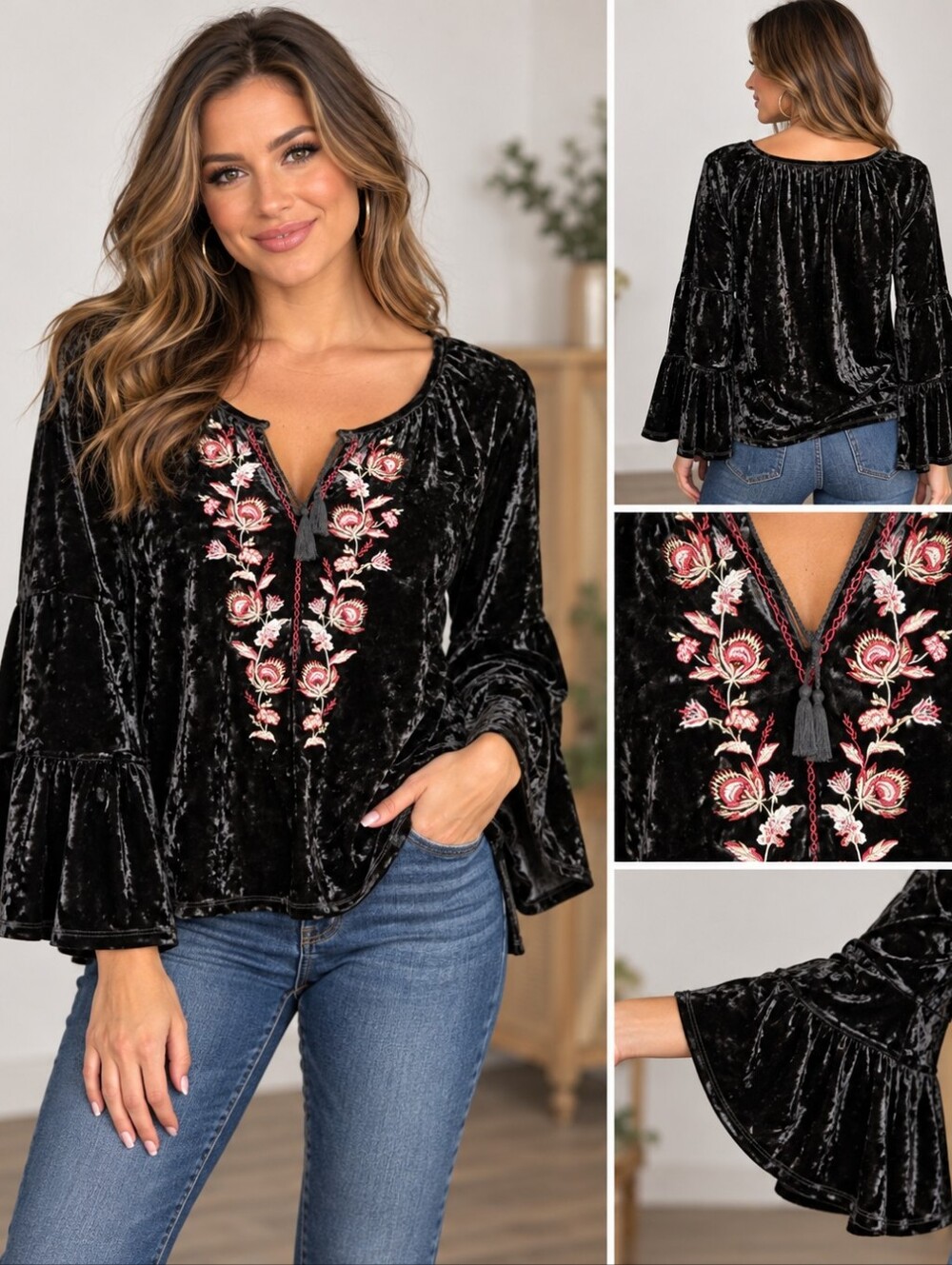 Cupio Women's Whimsigoth Velvet Bell Sleeve Boho Top, Size M Peasant EUC
